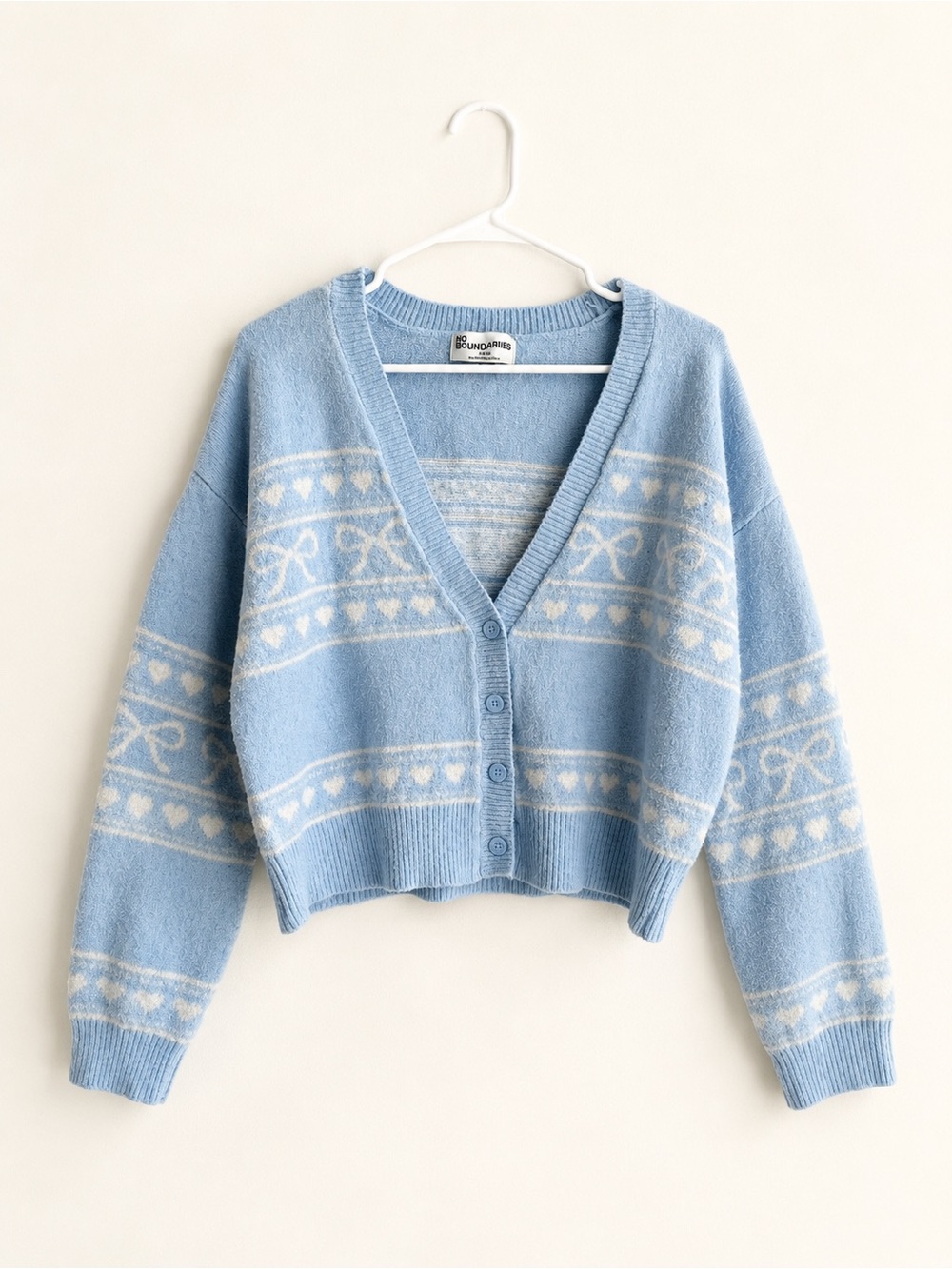 No Boundaries Light Blue V-Neck Fair Isle Button Cardigan
